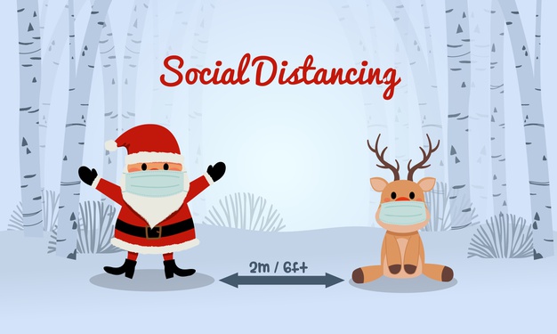 Social distancing in this end-of-the-year period: even Saint Nick and the reindeer are wearing a facemask and respecting the social-distancing rules.